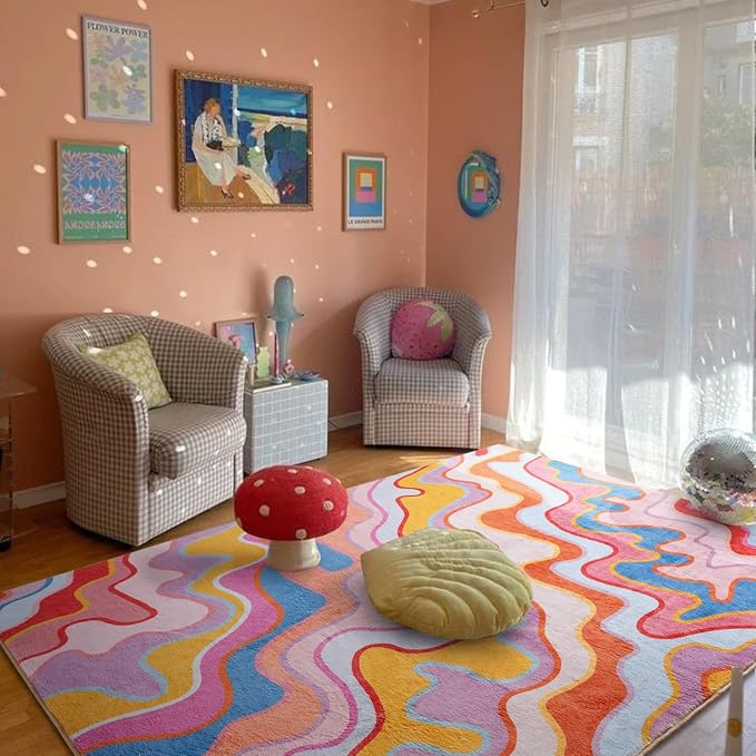 Colorful Abstract 6x9 Area Rug Ultra Thin Flatweave Funky Aesthetic Colorful Striped Living Room Rug Orange Blush Washable Carpet for Nursey Entryway Bedroom Dining Room Dorm Office