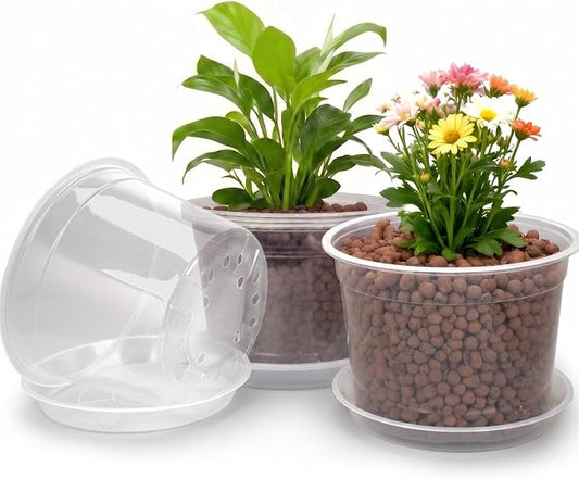 10 Inch Clear Nursery Pots with Drainage Holes and Saucers, 5 Pack Large Clear Pots for Plants Variety Pack, Seedling Pots for Succulents, Herbs, Flowers, Vegetables