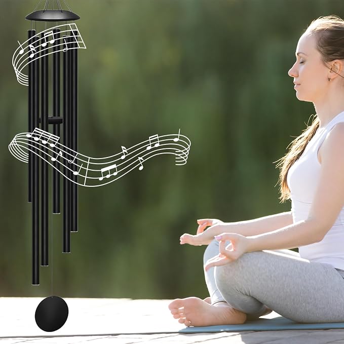 66" Extra Large Wind Chimes for Outside Deep Tone, Deep Soulful 6 Tube Aluminum Windchimes with Healing, Breezy Melodies, Rustproof Black Finish Heartfelt Gift for Mom's Patio Garden