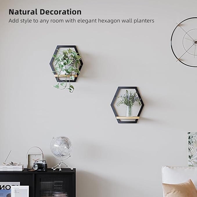 2 Pack Solid Wood & Metal Framework Wall Plant Stands,9 inch Natural Wood Shelf of Indoor,Mid Century Modern Hanging Planter for Outdoor Entryway 25 LB Load for Plants Black