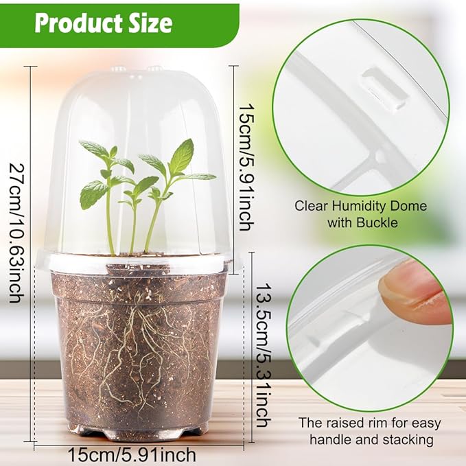 RooTrimmer 6 Inch Clear Nursery Pots with Humidity Dome, 15 Pack Durable Seed Starting Pot with Drainage Holes, Transparent Plastic Plant Seedling Pots for Indoor Gardening Plants