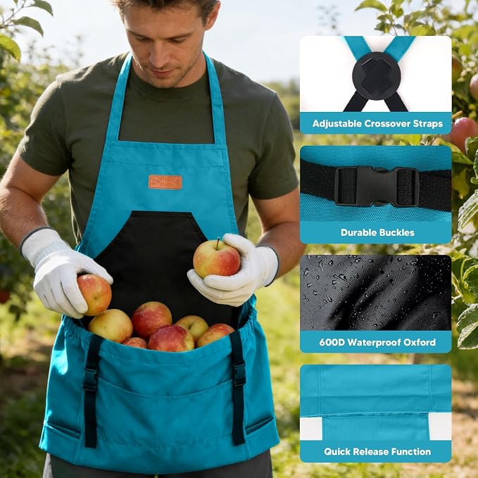 3PCS Gardening Apron, Harvest Apron with Shears and Gloves for Women, Men | Cross-Back, Large Quick Release Pocket, 600D Oxford Fabric, Heavy-Duty Garden Apron for Fruit Picking, Field Work, Harvesting