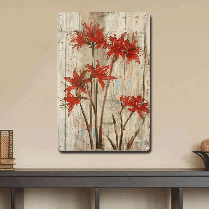 Metal Sign Tin Sign Vintage Wall Art Vintage Lycoris Wall Art Tin Sign for Rustic Charm Distressed Wood Panels and Easy to Install Alu Metal Signs Vintage for Pub 6×8 Inches