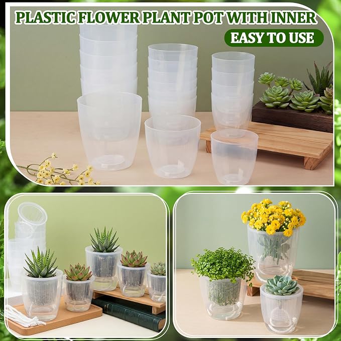 24 Pcs Self Watering Pots, 3.5/4.3/5.1'' Plastic Flower Plant Pot with Inner Pot Self Watering Wick Planter Clear Flower Pots for Indoor House Plants Herb Flowers Succulents (Transparent)