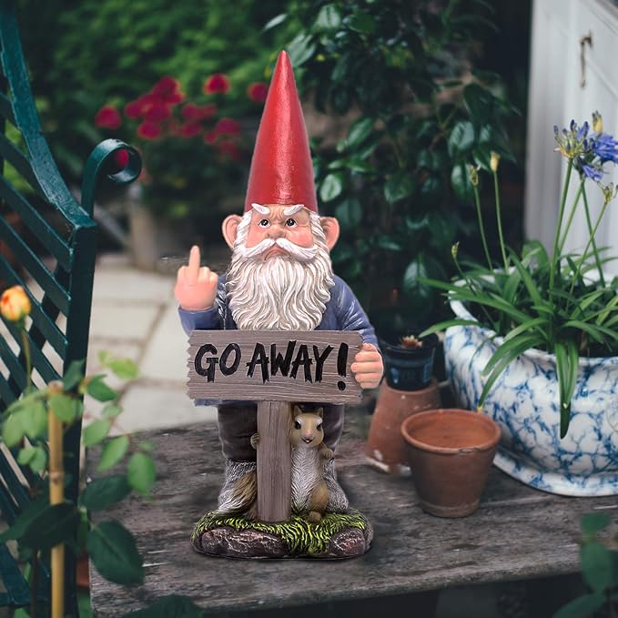 DWK Garden Gnome Statue, 17.5 Inch with Go Away Sign and One-Finger Salute | Take a Hike Un-Welcome Message, Hand-Painted Resin, Outdoor Porch or Garden Decor
