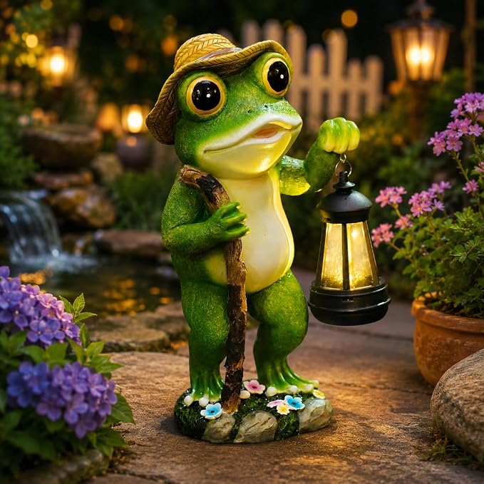 twinbling Solar Frog Garden Decor with Lantern Outdoor Statue for Patio Pathway Frog Figurine for Yard Decoration Lawn Ornament Gardening Gifts for Women Mom Grandma