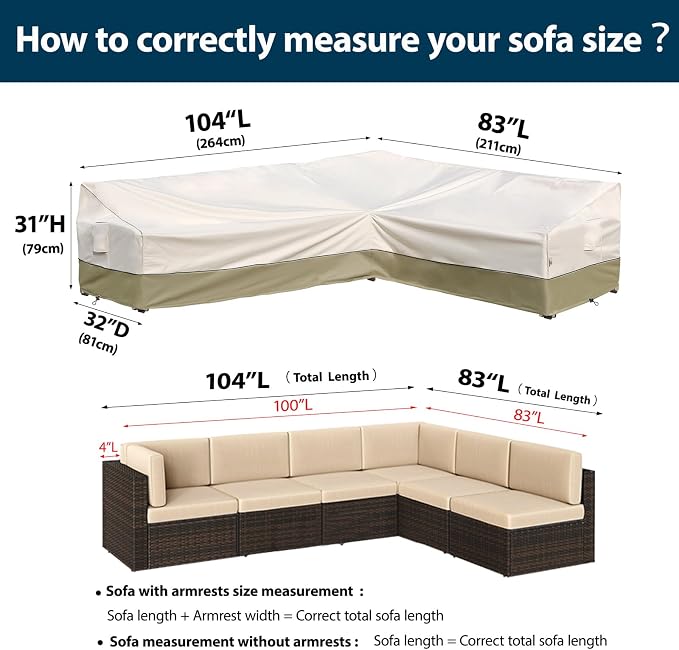 Outdoor Sectional Cover-L-Shaped Patio Furniture Covers Waterproof Rip-Stop Anti-UV 600D Heavy Duty Outdoor Couch Cover with 3 Air Vents, Right-facing 104''L (83''L) 32''D 31''H, Light Green