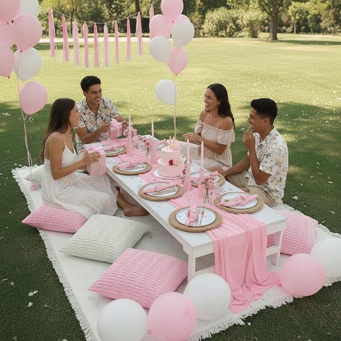 Beeveer 14 Pack Picnic Kit 91x71 Inch Extra Large Outdoor Boho Picnic Blanket with Pink Table Runner, 6 Throw Pillow Covers 6 Napkin Woven Cotton Yarn Washable Beach Blanket for Camp Wedding Decor