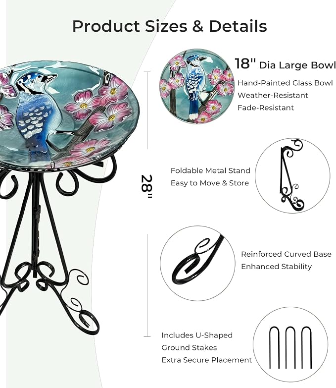 Large Bird Bath for Outside, 18" H Glass Bath Bowl with Metal Stand 28" H Standing Outdoor Birdbaths for Garden Yard Lawn Decor, Blue Jay