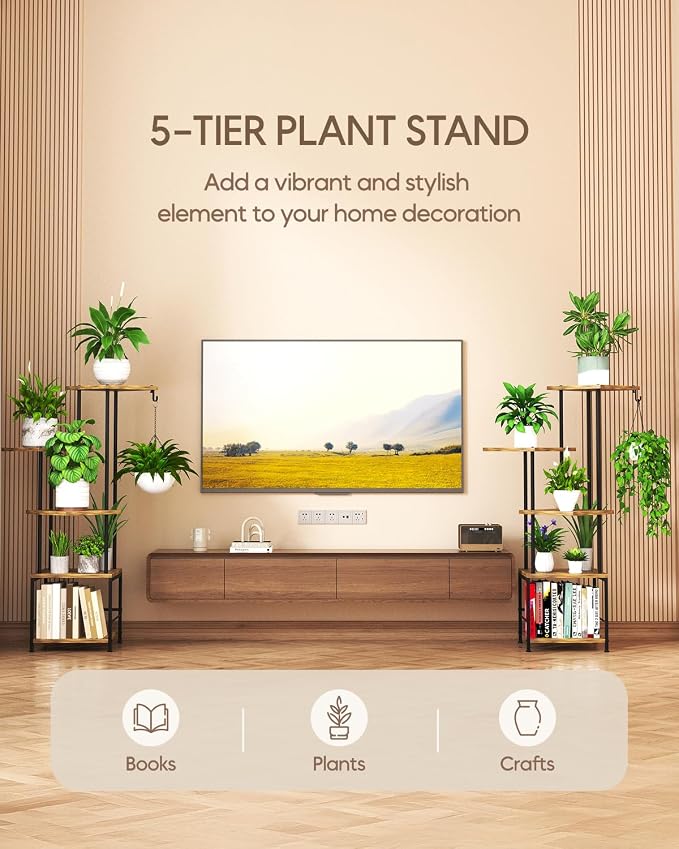 Homsorout Plant Stand Indoor - 5-Tier Metal Plant Shelf with Hanging Basket Hook, Corner Tall Flower Holder for Multiple Plants, Living Room Balcony Garden Patio, Rustic Brown