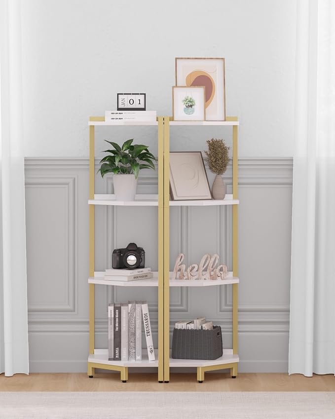 Hzuaneri Corner Shelf Stand, Corner Bookshelf, Storage Standing Shelf Unit with Metal Frame, Plant Stand, Bookcase for Living Room, Home Office, Bedroom, 4-Tier White Gold CS05803A