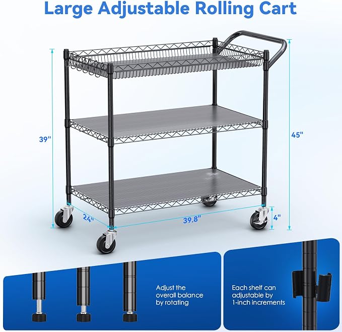 WDT 1350Lbs Capacity Heavy Duty Rolling Utility Cart, NSF Rolling Carts with Wheels,Commercial Grade Metal Cart with Handle Bar & Shelf Liner,Trolley Serving Cart for Restaurant,Kitchen,Black