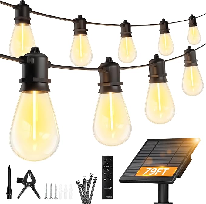 Minetom 79FT Solar String Lights Outdoor Waterproof, 24 LED S14 Shatterproof Bulb, Patio Lights with Remote Type-C Port Timable, 3 Light Modes Dimmable Solar String Lights for Outside, Yard, Camping