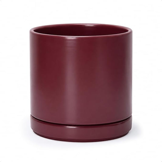 D'vine Dev 8 Inch Ceramic Planter Pot with Drainage Hole and Saucer, Indoor Cylinder Round Planter Pot, Cordovan, 94-O-D-4