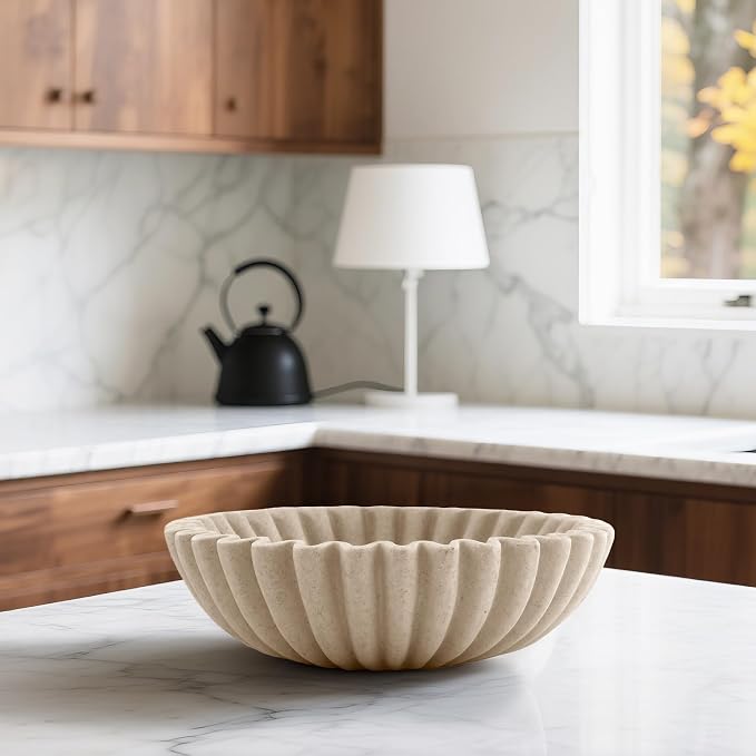 10'' Large Ruffle Decorative Fruit Bowl for Entryway Coffee Table Scalloped Purse Key Holder Kitchen Countertop Console Modern Organic Home Decor, Artificial Stone Beige