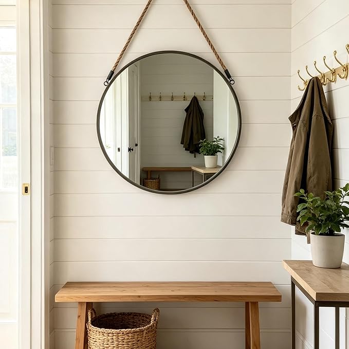 POZINO 20 Inch Round Mirror with Grey Metal Frame, Hanging Mirror for Wall | Circle HD Mirror with Jute Rope, Anti-Rust, Farmhouse Decorative Wall Mirror for Entryway, Living Room, Fireplace, Bathroom