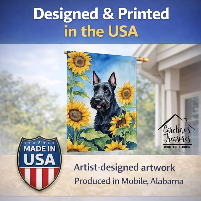 Caroline's Treasures DAC6158CHF Scottish Terrier in Sunflowers House Flag Large Porch Sleeve Pole Decorative Outside Yard Banner Artwork Wall Hanging, Polyester, House Size, Multicolor