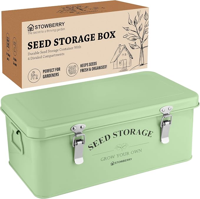 Seed Storage Box Organizer – Green Garden Seeds Tin with Lid, Side Handles, 4 Compartments & Safety Lock – Seed Packet Container for Gardeners – Gardening Gift Idea | Seed Tin with Lid, Handles, 4 Sections & Safety Lock – Perfect Gardening Gifts for Me...