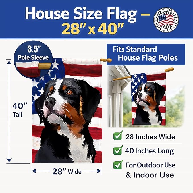 Caroline's Treasures CK6405CHF Appenzeller Sennenhund American Flag House Flag Large Porch Sleeve Pole Decorative Outside Yard Banner Artwork Wall Hanging, Polyester, House Size, Multicolor