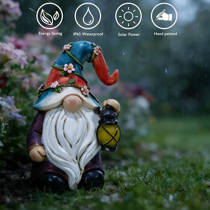 Suyorpe Garden Gnomes Statues with Solar LED Light - Mini 4.9 inch Gnome Sculptures for Porch Balcony Patio Yard Lawn Balcony Home Decor Mother's Day Birthday Gifts for Women