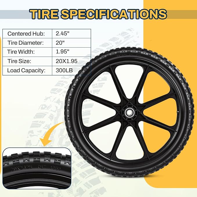 20" Flat Free Tire and Wheel, with 3/4" & 5/8" Bearing, 2.45" Centered Hub, Replacement Wheels for Rubbermaid Wheelbarrow,Lawn Carts, Big Wheel Utility Carts and Garden Yard Cart, 2 Pack