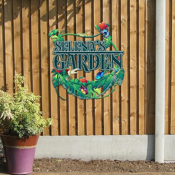 MeMate Garden Signs, Personalized Metal Signs, Garden Sign to Personalize, Large Sign for Tropical Garden She Shed, Customized Name Wall Art for Garden Outdoor Decor, Personalized Outdoor Plaque