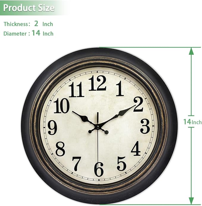 45MinST 14 Inches Retro Wall Clock, Silent Non Ticking Battery Operated Movement, Home/Wall Decor, Easy to Read, Decorate Bedroom/Living Room/Office with Arabic/Roman(Arabic)