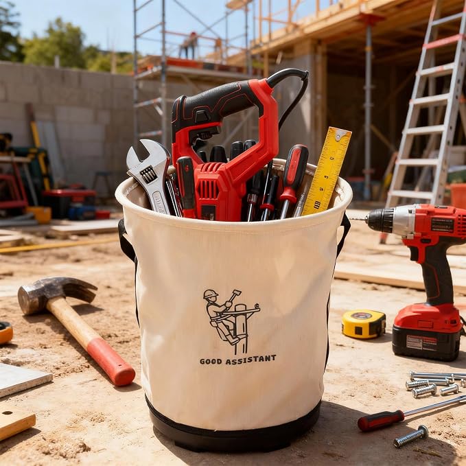 Heavy Duty Tool Canvas Bucket 12 x 12 x 9'' Tapered Wall Bucket Bag with 14 Inner Pockets, Thickened 14 Ounce Canvas, Plastic Bottom High Weight Load Capacity up to 100 Lbs (Printed)