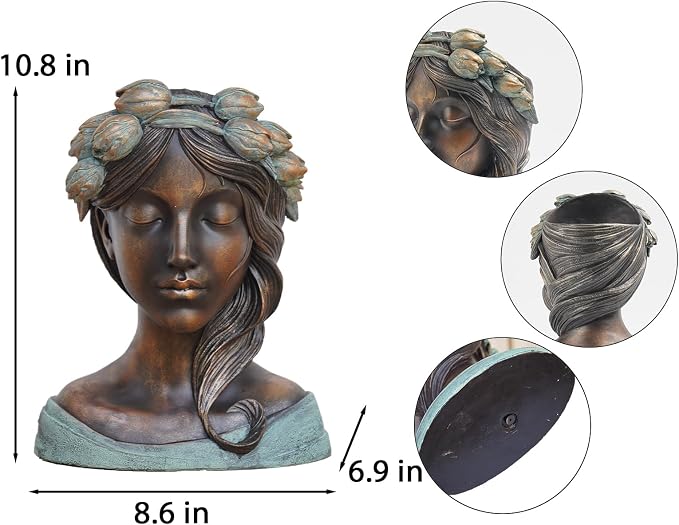 DiliComing Head Planter Face Plant Pots - 10 Inch Flower Pot Succulents Large Outdoor Planters Indoor with Drainage Resin Lady Bronze Statue for Garden Home Decor Porch Gift for Plant Lovers