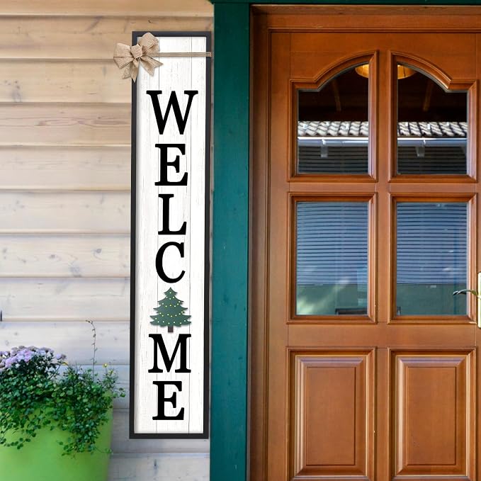Interchangeable Welcome Sign for Front Door Standing, 45"X9" with 12 Pcs Replaceable Icons Rustic Outdoor Tall Front Porch Farmhouse Outside Wreath Leaner Vertical Decor (Black)