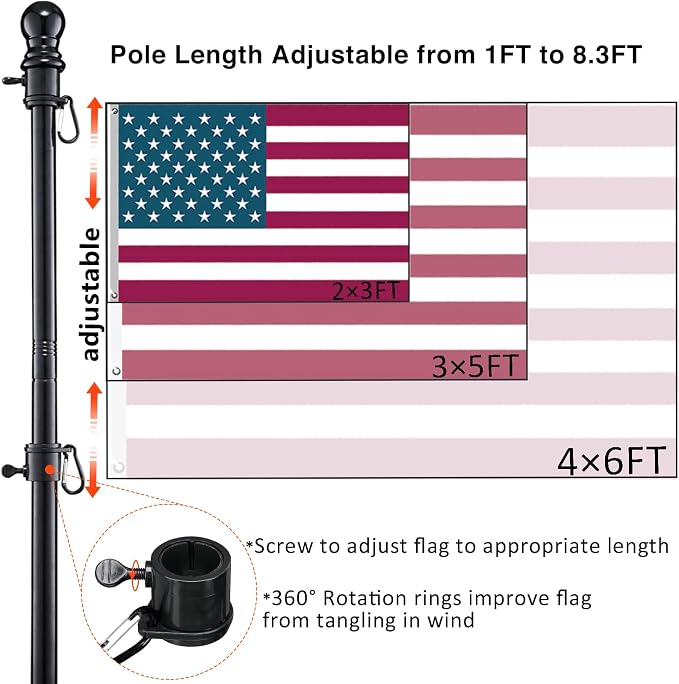 Black Flag Poles for Outside in Ground - 8.3ft Flag Pole for House with 2 Pronges Base - Stainless Steel Flag Pole Kit with 3x5FT American Flag for Yard Residential Commercial