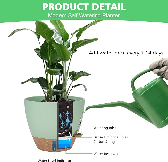 Self Watering Planter for Indoor Plants, 12" 10" 9" 8" Plastic Large Flower Pot Set with Water Level Indicator Deep Reservoir Saucer, Big House Bottom Watering Plant Pots with Drainage Hole - Green
