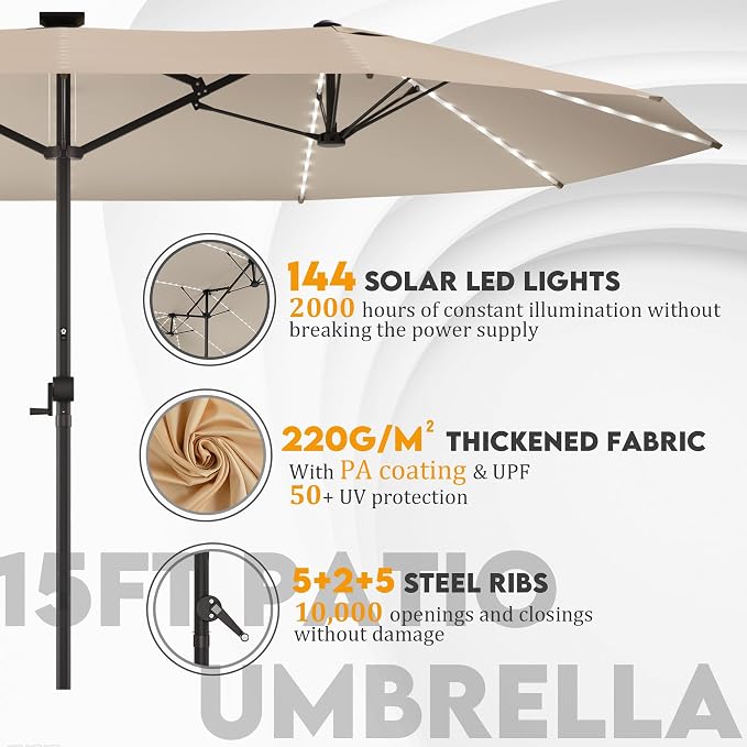 GDPFN 15ft Large Patio Umbrella with Solar Lights, Outdoor Double-Side Rectangular Umbrella, Backyard Pool Umbrella with LED Light for Deck, Outside, Market, Beige (Base Not Include)