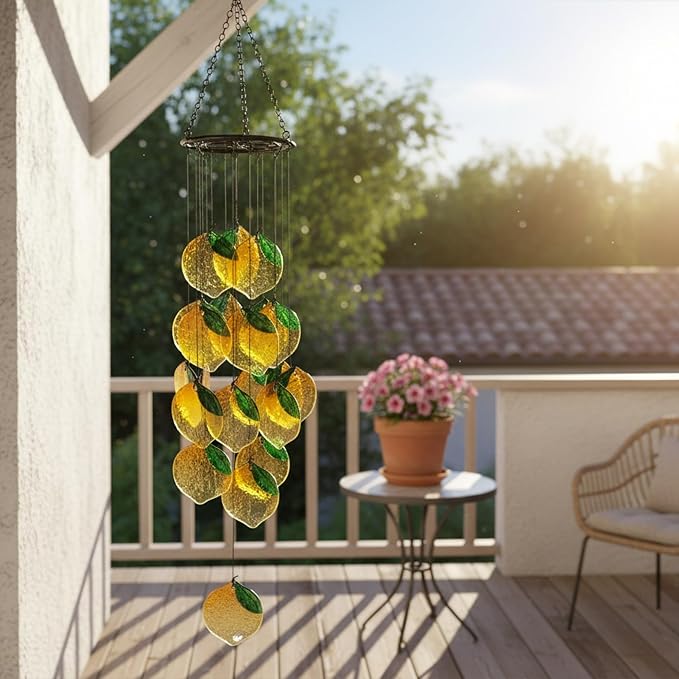 Small Sea Glass Wind Chimes for Outside, Lemon Windchimes Outdoors Unique, Sea Glass Art Wind Chimes Outdoor Gifts for Women, Hanging Outdoor Garden Decor