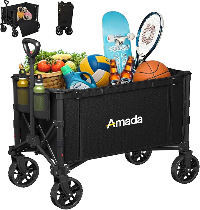 120L Wagons Carts Foldable, Collapsible Wagon Cart with 220 lbs Max Load and Expandable Storage, Heavy-Duty Foldable Wagon Cart with Wheels for Groceries, Shopping, Sport, Beach, Garden and Camping