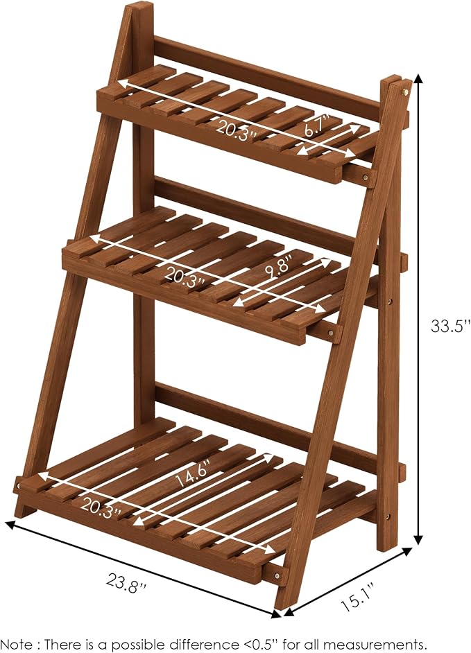 Furinno TIOMAN Plant Stand Outdoor, 3-Tier Ladder Plant Shelf, Tiered Plant Stand Indoor, Outdoor, Patio, Garden, Balcony, Light Wood
