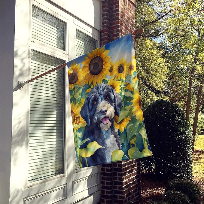 Caroline's Treasures DAC6143CHF Portuguese Water Dog in Sunflowers House Flag Large Porch Sleeve Pole Decorative Outside Yard Banner Artwork Wall Hanging, Polyester, House Size, Multicolor