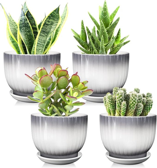 Ceramic Plant Pots,5.5 Inch,Set of 4,Planters with Drainage Hole and Saucer,Flower pots for Indoor Plants,Modern Design(Gray+White)