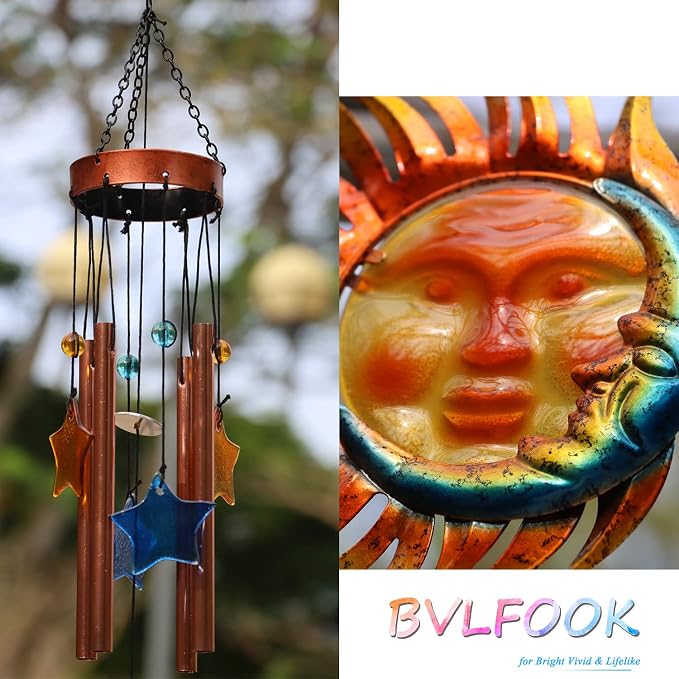Sun with Flame Wind Chime for Outside Decor, with Star Shape Suncatcher | BVLFOOK; Aluminium Tubes; Wind Chimes; Hanging for Porch Patio Balcony Décor; 37 Inch; indoor & outdoor