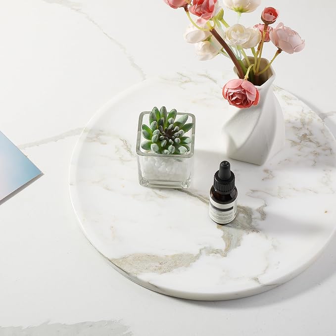 Karibiber Marble Serving Tray, 11.8in Round Vanity Tray for Bathroom Countertop, Calacatta Candle Holder for Coffee Table/Kitchen, Stone Home Decorative Catchall Tray for Perfume