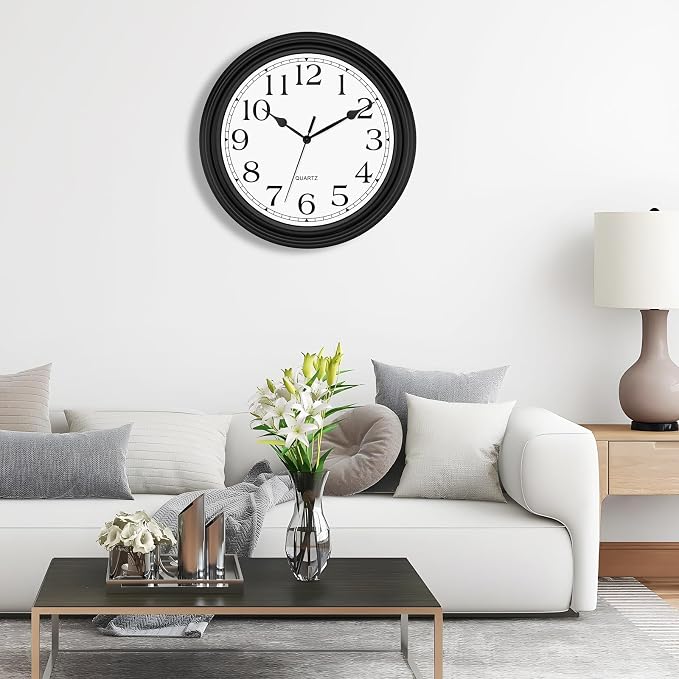 Foxtop 14 Inch Wall Clock Battery Operated Silent Non-Ticking Round Classic Vintage Retro Wall Clock Decorative for Living Room Kitchen Home Office (Black)