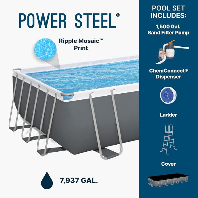 Bestway Power Steel 24’ x 12' x 52” Above Ground Pool with Sand Filter Pump | Durable Rectangular Metal Frame Outdoor Backyard Pool with Puncture-Resistant Liner - Ladder and Cover Included
