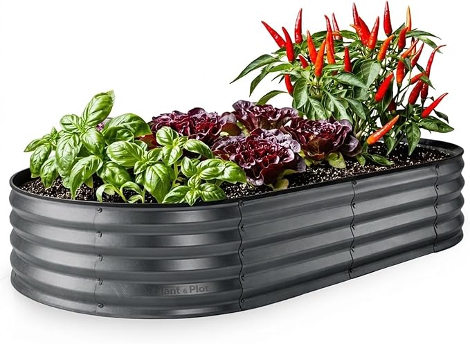 Plant & Plot Galvanized Raised Garden Beds Outdoor // 6×3×1 ft Planter Raised Beds for Gardening, Vegetables, Flowers // Large Metal Garden Box // Patented Tool-Free Design (Dark Gray)