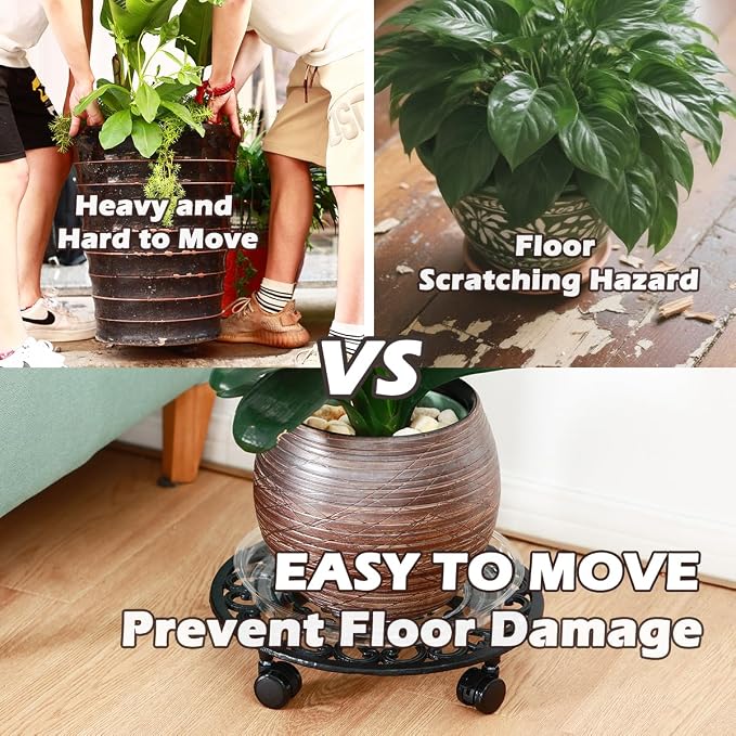 2 Packs 14 Inch Rolling Plant Stand with Wheels Metal Plant Caddy with Wheels Heavy Duty Round Plant Stand Indoor Iron Plants Rollers for Plants, Plant Dolly Planter Caddies