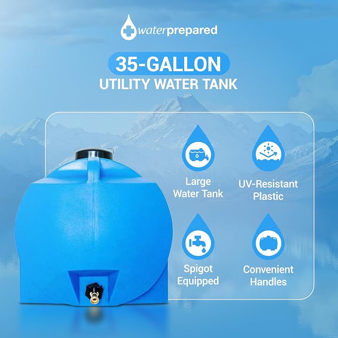 WaterPrepared Portable Water Tank, Plastic Handle & Hose Spigot, 35 Gallon, Blue - Heavy-Duty Beverage and Hydration Dispenser for Outdoor and Camping Trip
