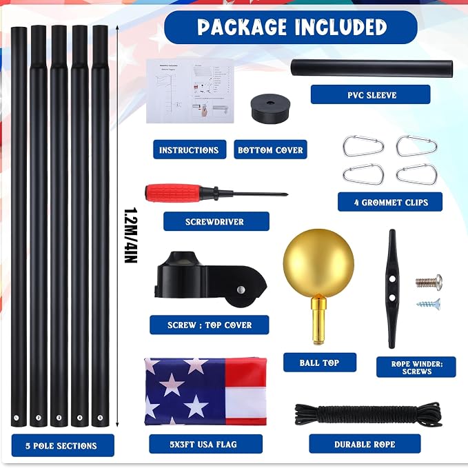 FuWeave Flag Poles for Outside House in Ground 20 ft Sectional Flag Pole Kit Extra Thick 16 Gauge Heavy Duty Aluminum Flag Pole with Gold Ball Top for Residential or Commercial(Black)