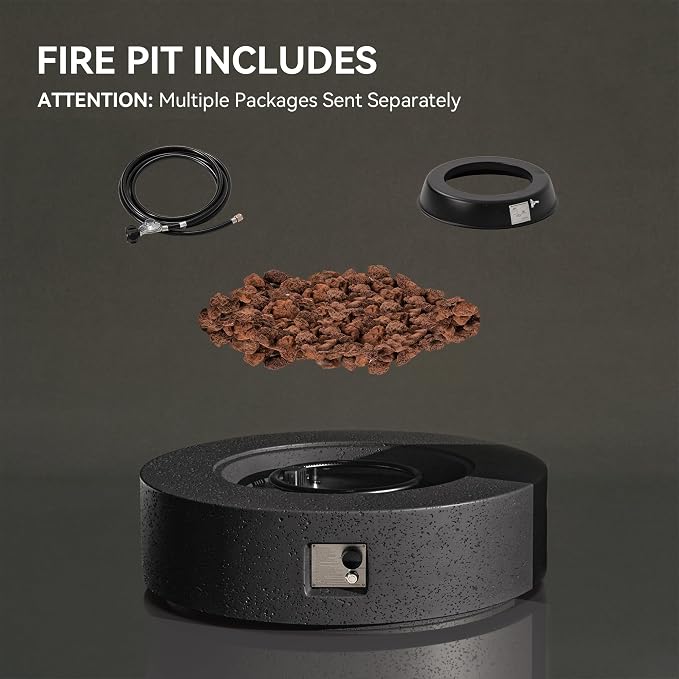 COSIEST 42 inch Outdoor Propane Fire Pit Coffee Table w Concrete Round Base Patio Heater, 50,000 BTU Stainless Steel Burner, Free Lava Rocks, Rain Cover, Gray