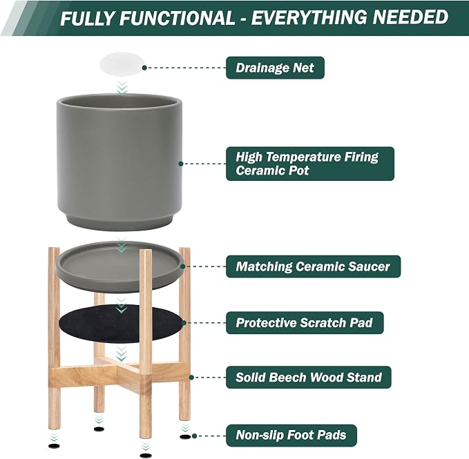 D'vine Dev Ceramic Planter with Natural Stand - 8 Inch Modern Round Flower Pot with Wood Planter Holder, Grey, 55-B-N-3