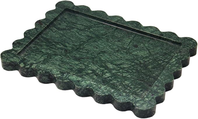 YMXYJM Genuine Indian Green Scalloped Marble Tray, Real Natural Marble Stone Trays, Luxury Decorative Trays for Bathroom, Dresser, Vanity, Home Decor, 10.6" x 8", Dark Emerald Green