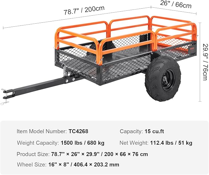 VEVOR ATV UTV Trailer Tow Behind Dump Cart | 1500lbs Capacity, 15 Cubic Feet, Heavy Duty, For Lawn Mower Tractor, Yard Garden Use